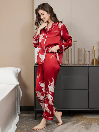 Pyjama 2 Pièces en Soie Imprimée à Liseré Contrastant