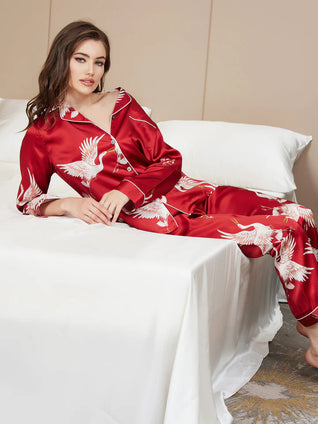 Pyjama 2 Pièces en Soie Imprimée à Liseré Contrastant