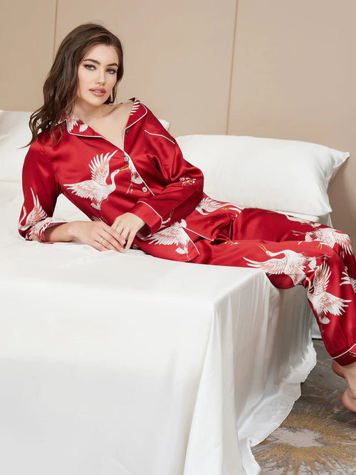 Pyjama 2 Pièces en Soie Imprimée à Liseré Contrastant